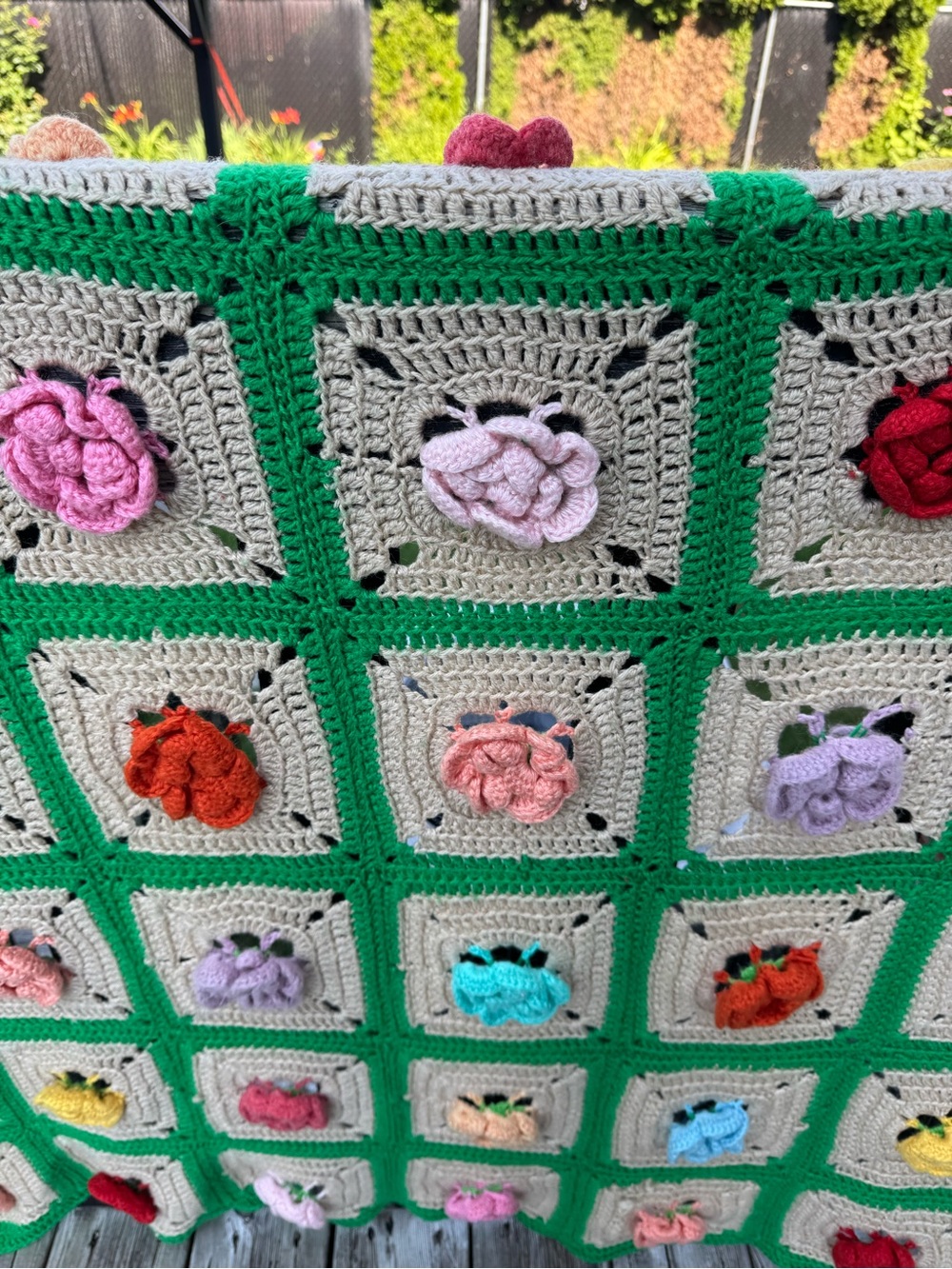 Handmade Crochet Floral 3D Granny Throw Blanket in Green and Multicolor. 45”X60”